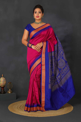 Sijileen Temple Border, Solid/Plain Sambalpuri Silk Blend Saree(Pink)