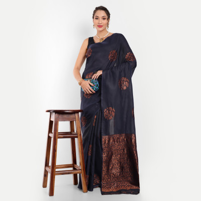 KH Enterprise Self Design Banarasi Silk Blend, Polyester Saree(Dark Blue)