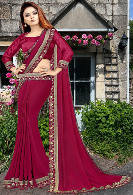 HNC Retail Temple Border, Solid/Plain Bollywood Lycra Blend, Chiffon Saree(Pink)