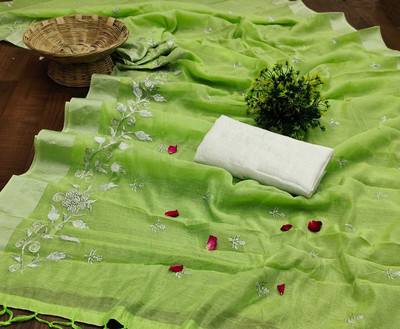 GLOWMOROUS Embroidered Chanderi Chanderi Saree(Light Green)
