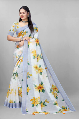 KALPNA CREATION Digital Print Bollywood Cotton Linen Saree(White)