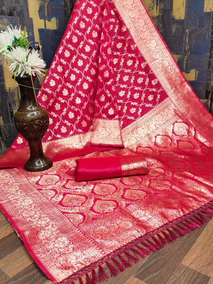 Bansari Textiles Woven Kanjivaram Silk Blend Saree(Pink)