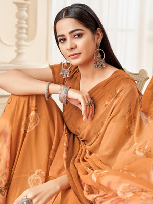 Sareemall Printed Daily Wear Georgette Saree(Brown)