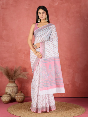 Jevi Prints Blocked Printed Daily Wear Pure Cotton Saree(Pink)