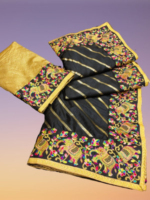 Crystallfashion Self Design Bollywood Chanderi Saree(Black)