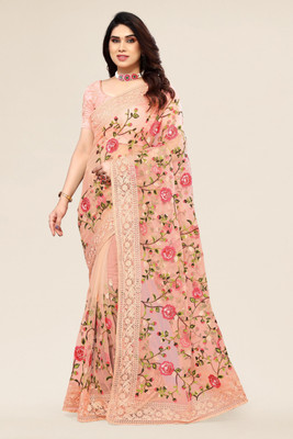 ALAGINI Embroidered Bollywood Net Saree(Orange)