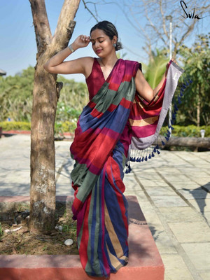 DipDiya Solid/Plain Handloom Cotton Blend Saree(Multicolor)