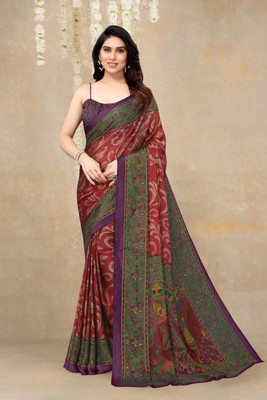 MIRCHI FASHION Printed Kalamkari Chiffon, Georgette Saree(Red, Green)