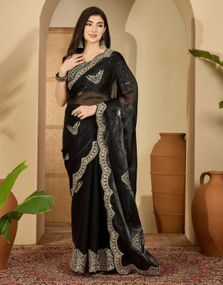 Satrani Embroidered, Embellished Bollywood Tissue, Jimmy choo Saree(Black)