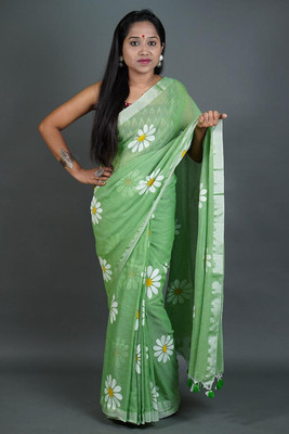 cloud vastra Printed Handloom Pure Cotton Saree(Green)