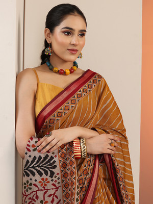 LIBAS Printed Daily Wear Cotton Blend Saree(Mustard)