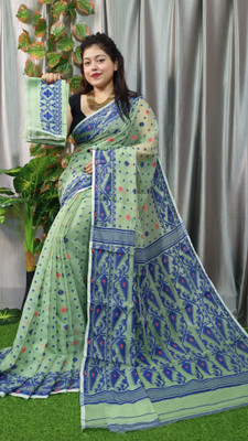 binita Self Design Jamdani Cotton Silk Saree(Dark Blue)