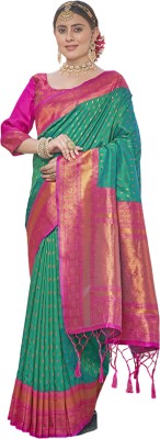 Elite Weaves Woven Paithani Silk Blend Saree(Dark Green)