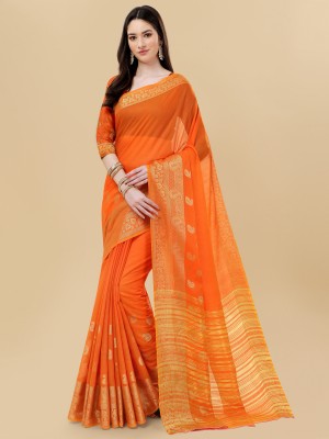 BAPS Self Design, Embellished, Woven, Floral Print Banarasi Cotton Blend, Art Silk Saree(Gold, Orange)
