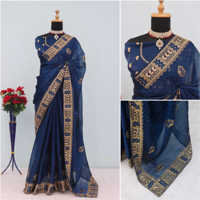 Mikhushop Embroidered Bollywood Jimmy choo Saree(Dark Green)