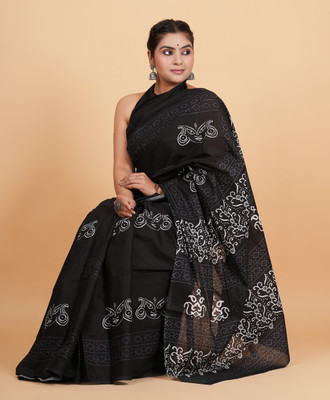 Krishna Creation Geometric Print, Printed, Floral Print Handloom Pure Cotton Saree(Black)