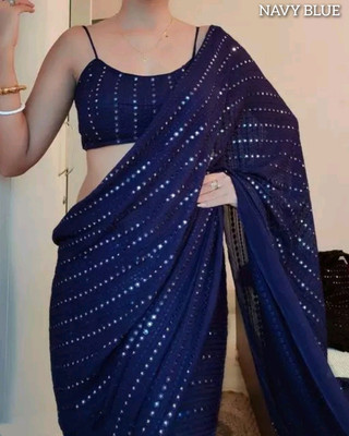 RK Creation Embroidered Kota Doria Georgette Saree(Dark Blue)