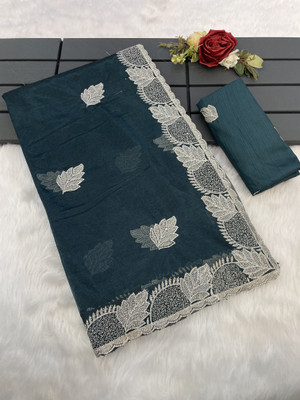 BELLETRENDZ Embroidered Bollywood Net Saree(Blue)