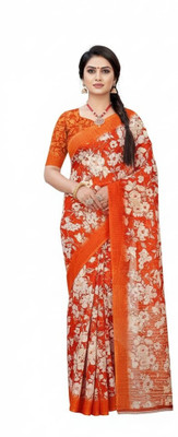 RaSaTrend Floral Print, Printed Daily Wear Cotton Blend Saree(Mustard, Orange)