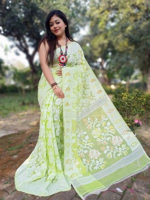 Rnn Embroidered Jamdani Cotton Silk Saree(Green)