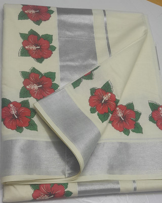 K k selvaam tex Floral Print Kasavu Pure Cotton Saree(Cream, Light Green, Red, Silver)