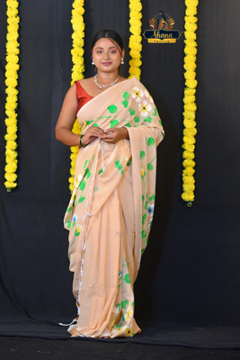 Ahana Textile Hand Painted Handloom Cotton Blend Saree(Cream)