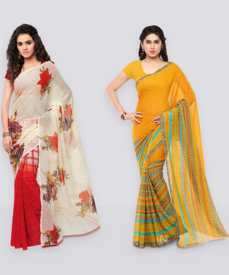 Anand Sarees Printed Bollywood Georgette Saree(Pack of 2, Beige, Yellow)
