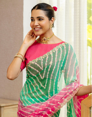 Satrani Printed, Embroidered Leheria Georgette, Chiffon Saree(Green, Pink)