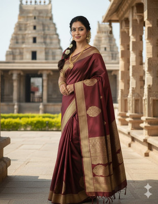 RUHI ENTERPRISE Woven, Temple Border Banarasi Jacquard Saree(Maroon)