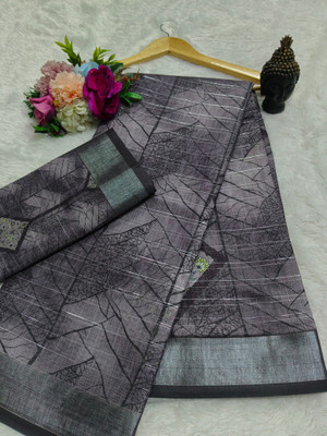 Mervadiya Printed Kanjivaram Linen, Cotton Linen Saree(Grey)
