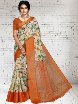 Grubstaker Printed Assam Silk Cotton Blend Saree(Multicolor)