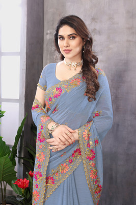 KHRITI FAB Embroidered, Floral Print Bollywood Georgette Saree(Grey)