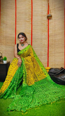 trogon Printed Handloom Cotton Silk Saree(Yellow)