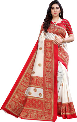 HouseOfCommon Self Design Kalamkari Cotton Blend Saree(White, Red)