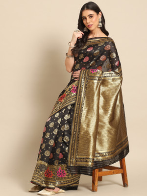 Sareemall Woven Banarasi Silk Blend Saree(Black)