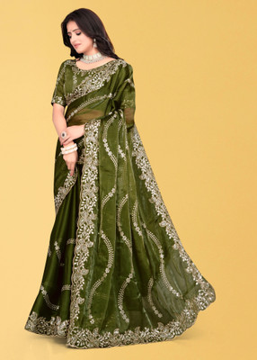 Mortile Designer Studio Embroidered Banarasi Georgette Saree(Green)