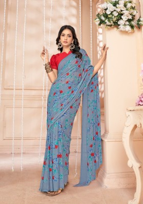 The Fashion Attire Floral Print Bollywood Chiffon Saree(Blue, Red)