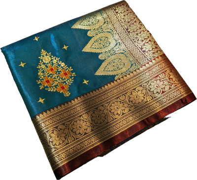 satrangi creation Embroidered Banarasi Satin Saree(Blue, Multicolor)