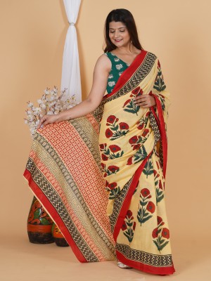 RAMNATH'S Printed, Color Block, Blocked Printed Ikkat Pure Cotton Saree(Cream, Red)