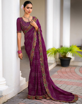 Satrani Printed, Embellished, Embroidered Bandhani Georgette, Chiffon Saree(Purple)