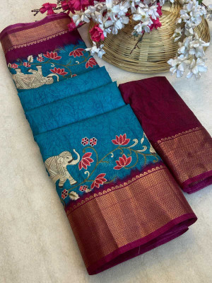 Sniccs Trend Printed Bollywood Silk Blend Saree(Mustard)