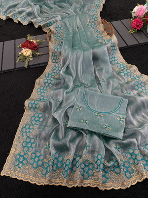 KHRITI FAB Embroidered Bollywood Jimmy choo Saree(Light Blue)