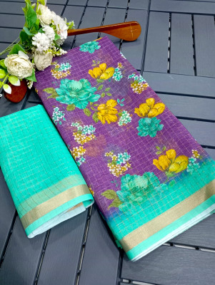 Saaransh Floral Print Kanjivaram Linen, Cotton Silk Saree(Multicolor)