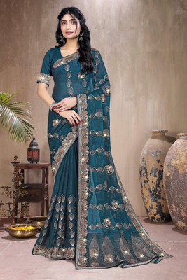 HouseOfCommon Embellished, Embroidered Bollywood Georgette Saree(Light Blue)