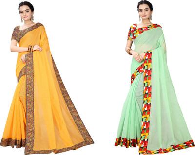 manish Solid/Plain Chanderi Cotton Blend Saree(Pack of 2, Yellow, Light Green)