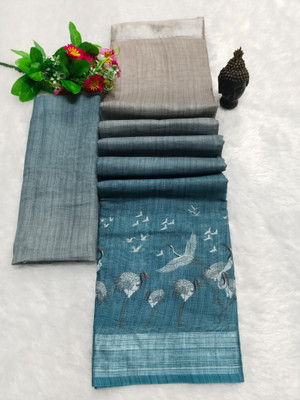 HouseOfCommon Printed Kanjivaram Cotton Linen, Linen Saree(Pack of 2, Grey)
