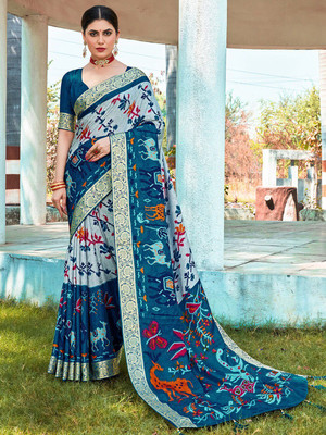 ANOUK Woven Pochampally Viscose Rayon Saree(Dark Blue)