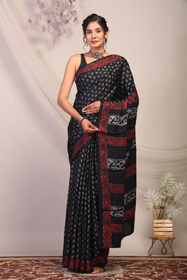 Anuttara Blocked Printed Bhagalpuri Silk Blend Saree(Black)