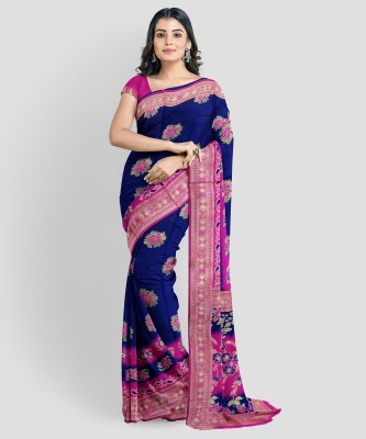 MOHAK CREATION Self Design Banarasi Silk Blend Saree(Dark Blue)