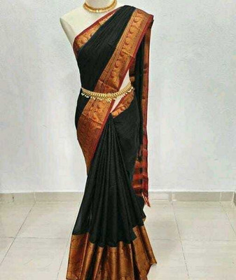 RUHKRUSH Woven, Embellished, Self Design, Solid/Plain Dharmavaram Cotton Silk, Jacquard Saree(Black)